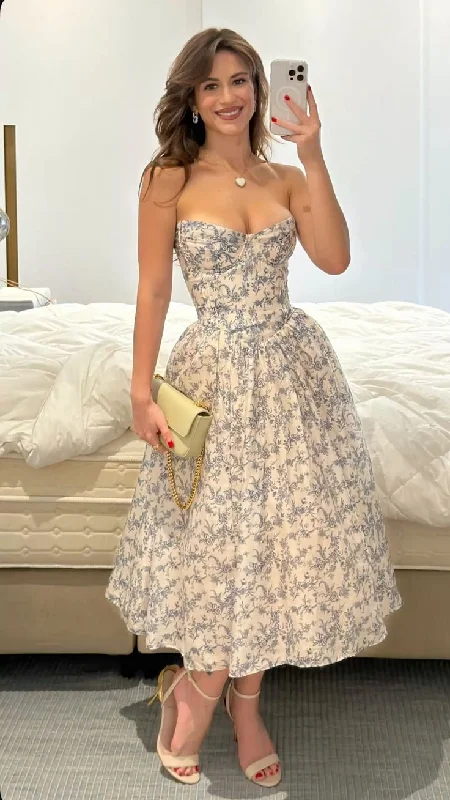 Elegant Strapless Print Floral A Line Prom Dress Evening Gown Y7806