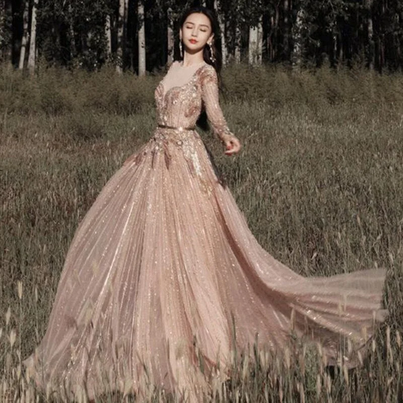 Luxury Rose Gold Long Sleeve Evening Dress SS056