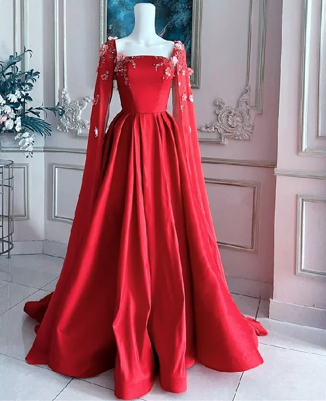 Gorgeous Red Satin Appliques Prom Dress,Formal A Line Party Evening Dress With Cape Y7593