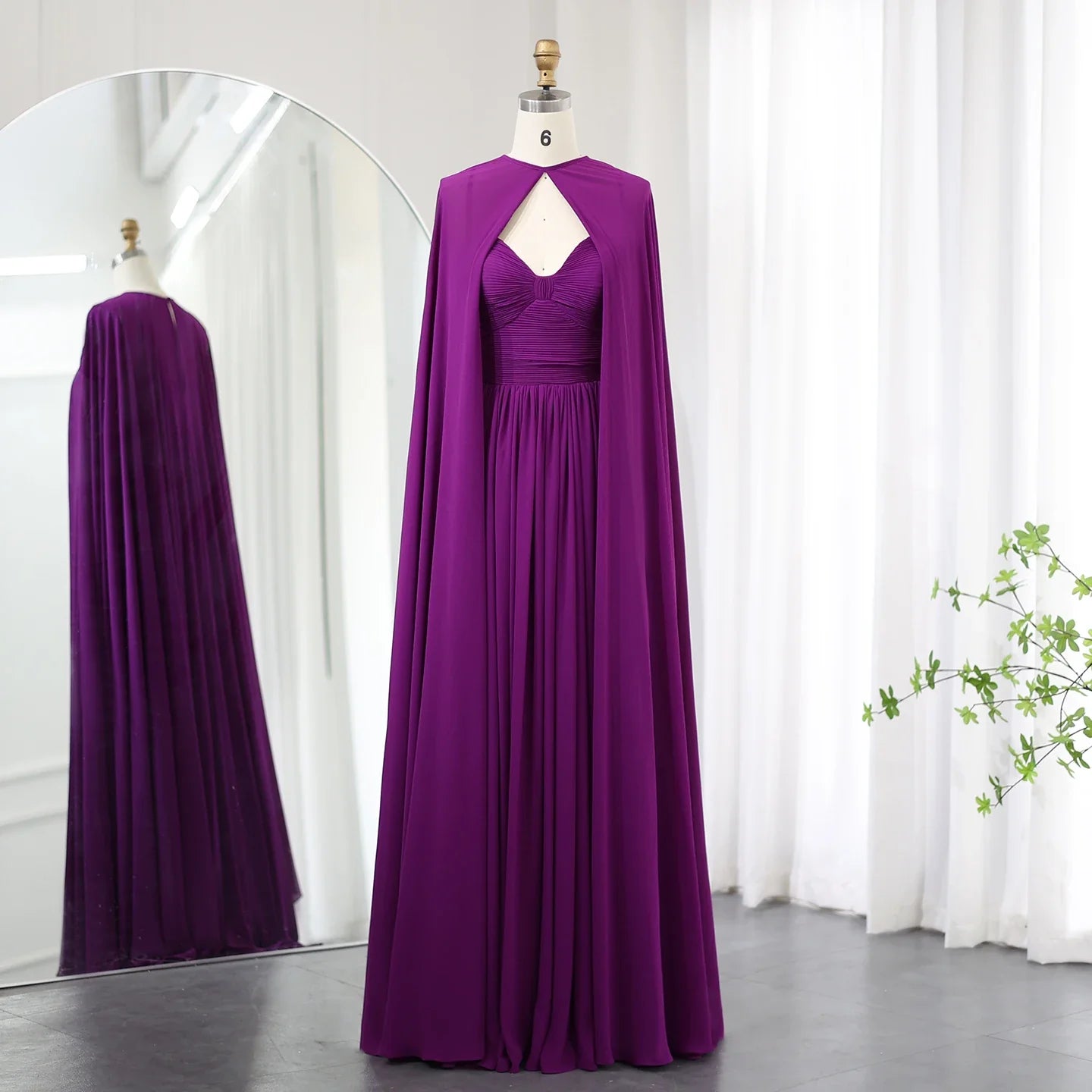 Elegant Purple Chiffon Evening Dress with Cape SF002