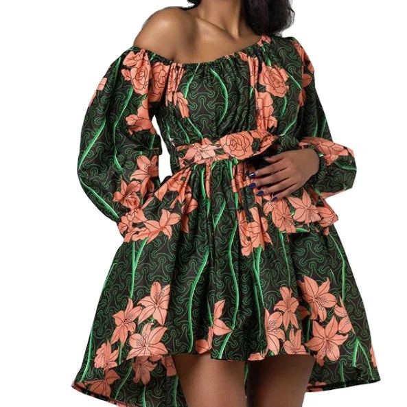 Summer S-XL hot sale two-wear sexy slanted shoulder elastic shrink dress short digital printing fluffy dress