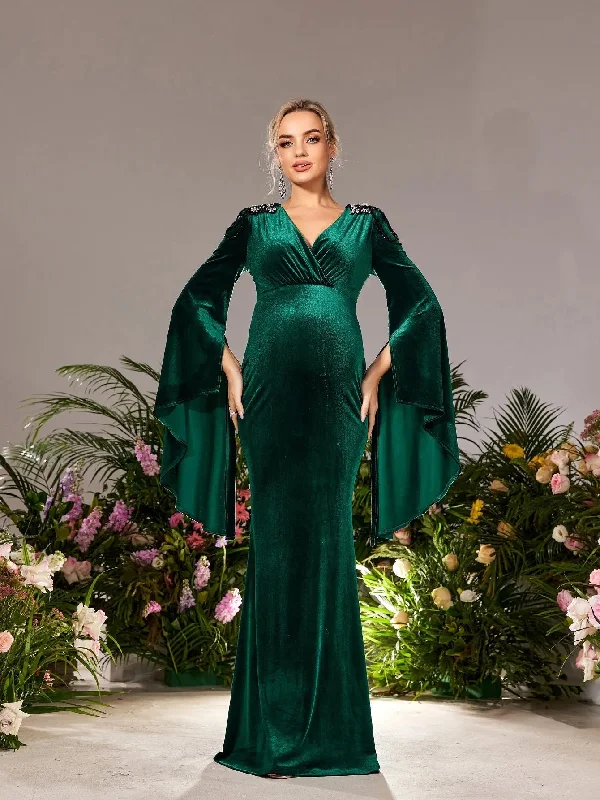 Maternity Surplice Neck Flared Sleeves Mermaid Hem Velvet Evening Dress