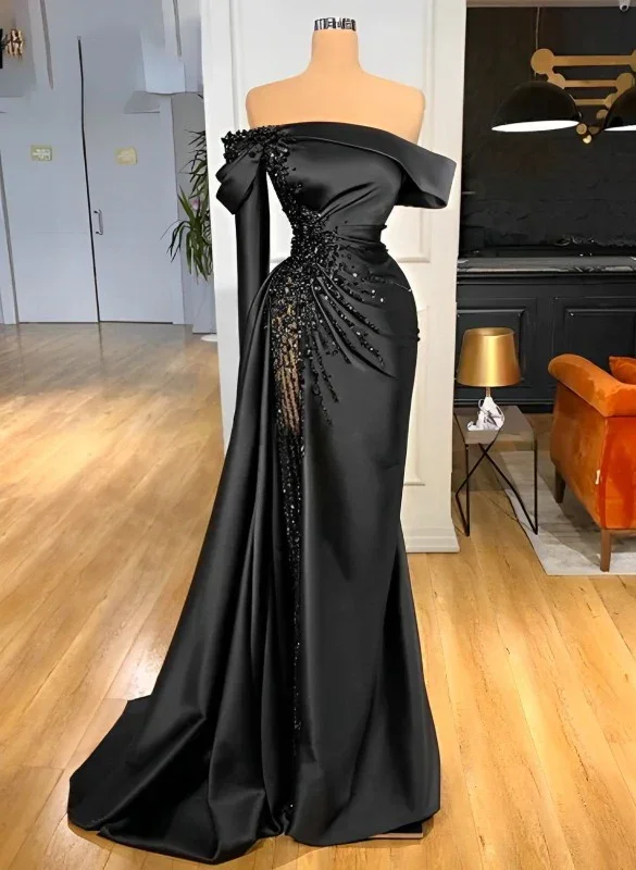Fashion Black Beaded Satin Sheath Prom Dress,Off The Shoulder Long Evening Dress Y8030