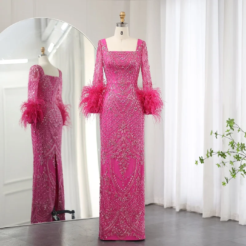 Luxury Fuchsia Long Sleeves Feathers Evening Dresses SS239