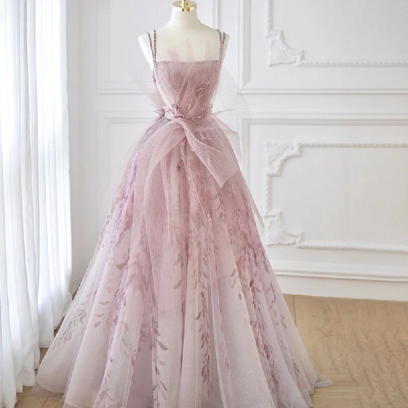 Pink Tulle Spaghetti Straps Backless Evening Dress SS236