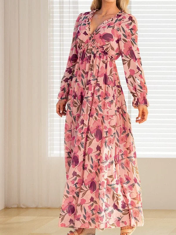 Ditsy Floral Print Women'S V-Neck Ruffle Puff Sleeve Chiffon Dress With High Waist