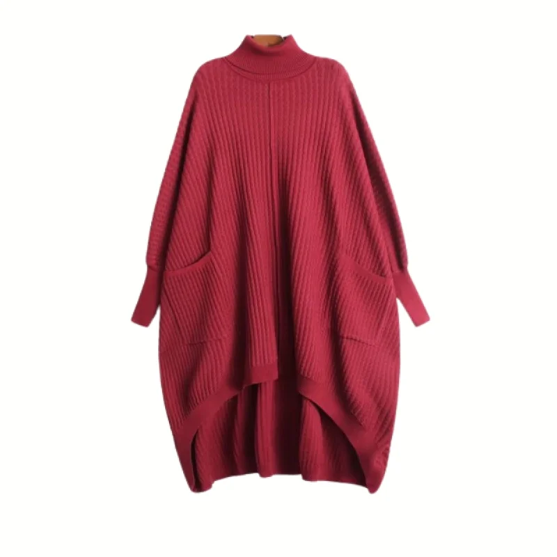 Casual Red Oversized Turtleneck Knit Dress with High-Low Hem and Pockets