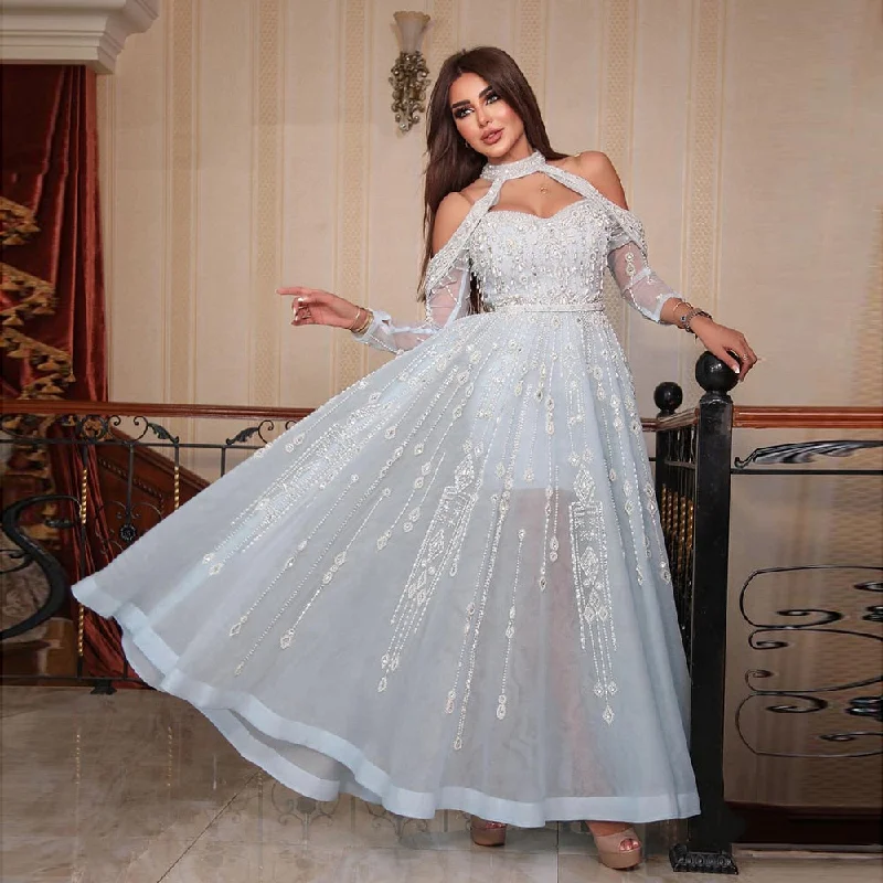 Luxury Blue Off Shoulder Halter Evening Dress SS418