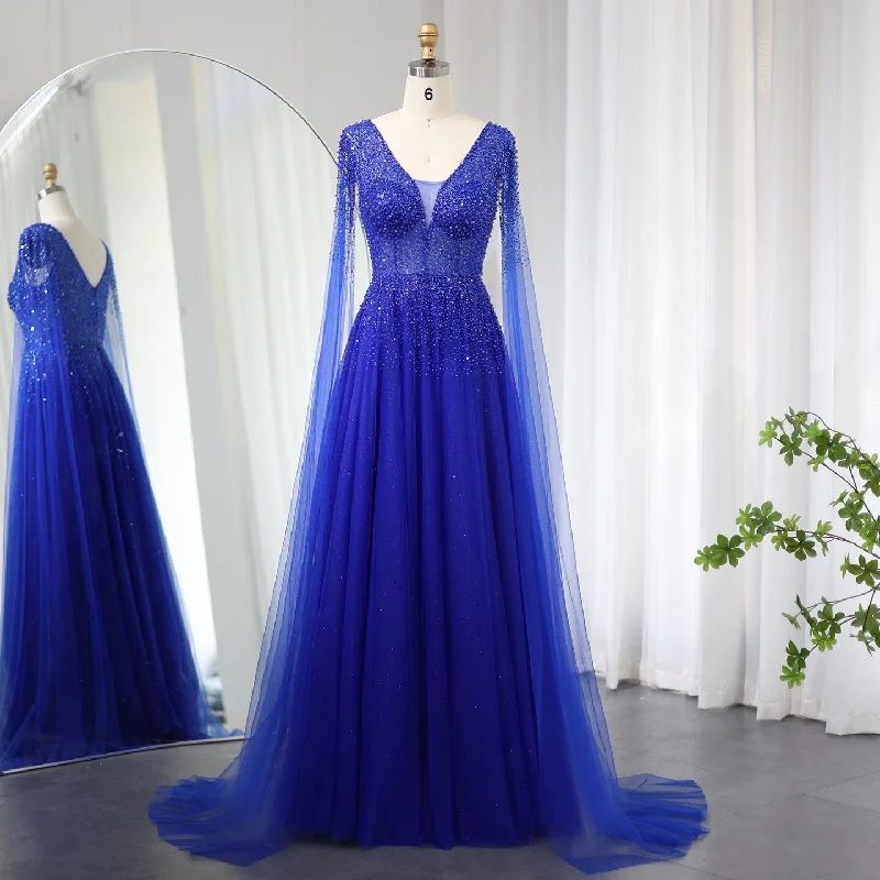 Luxury Royal Blue Evening Dress with Cape Sleeves SS012