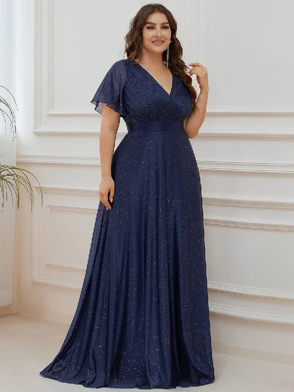 Elegant Plus Size Ruffled Sleeve Deep V Neck A Line Evening Dress