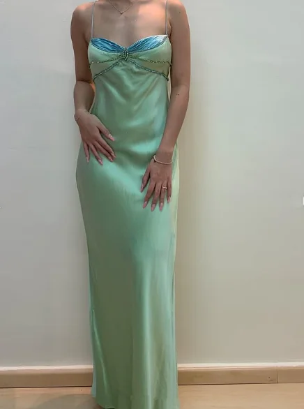 Sexy Spaghetti Straps Green Satin Beaded Prom Evening Dress Y7757