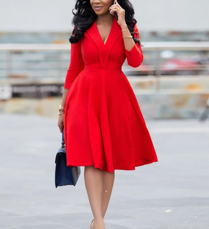 Hot sale spring autumn ladies dress sexy fashion solid color dresses women's deep V-nece pleated dress
