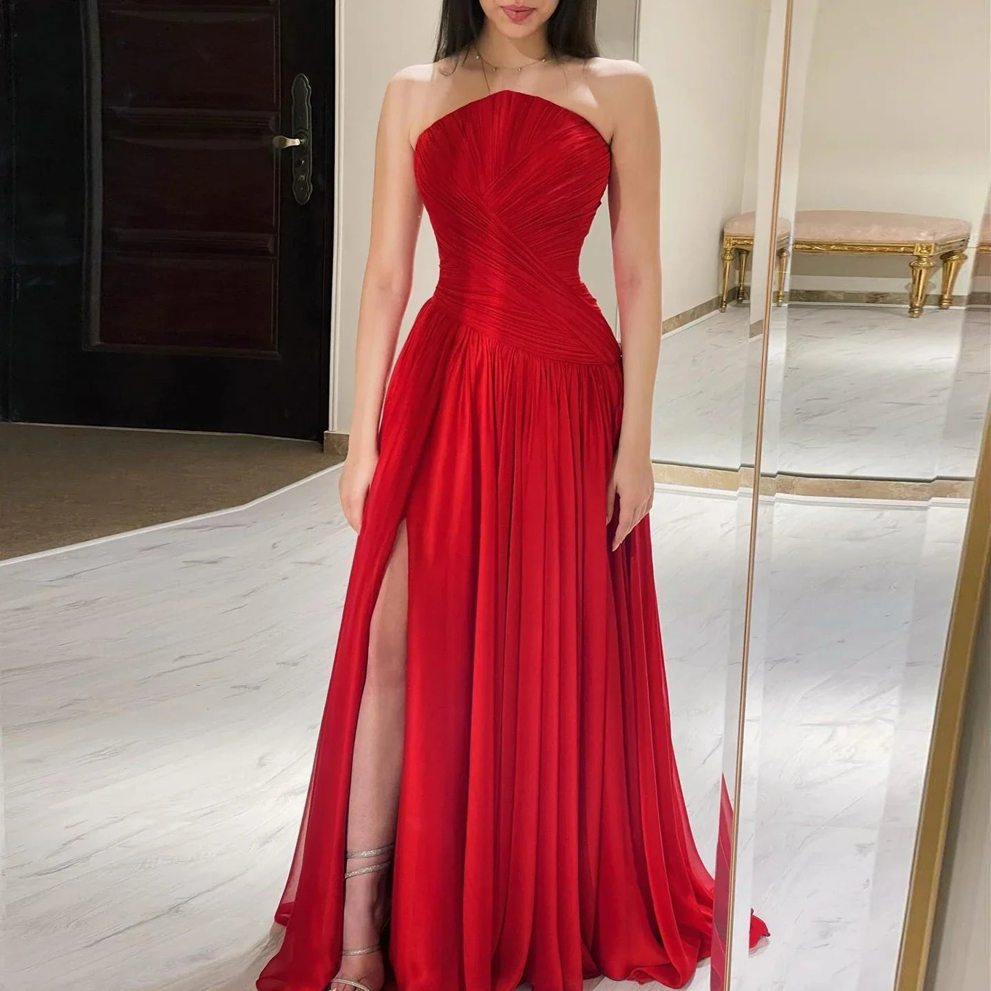 Arabic Burgundy Chiffon Strapless Evening Dress with Slit SF141