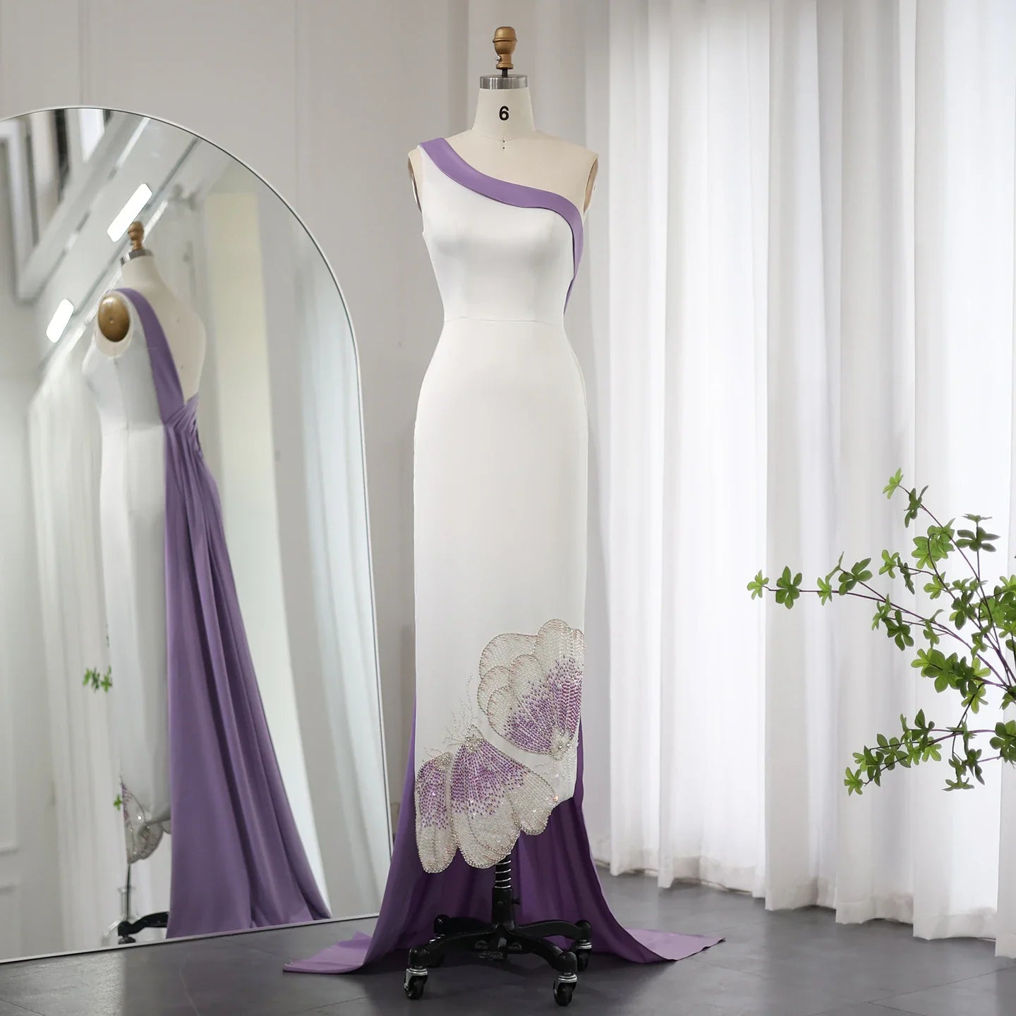 Luxury Butterfly Beaded One Shoulder White Evening Dress SS475