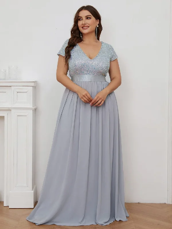 Deep V Neck Plus Size Evening Dress with Short Sleeves