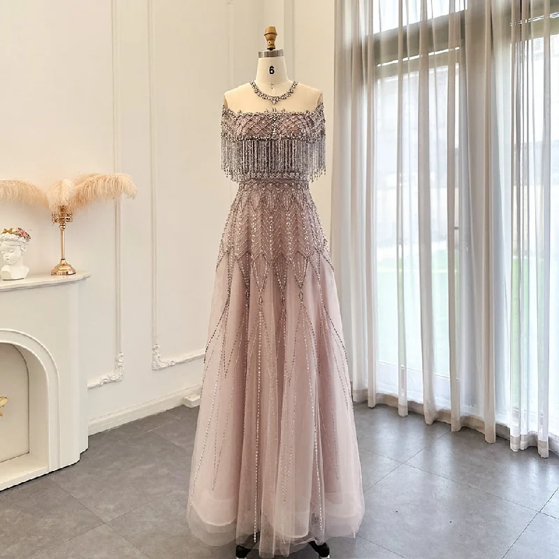 Luxury Tassel Beaded Pink Evening Dress SS061