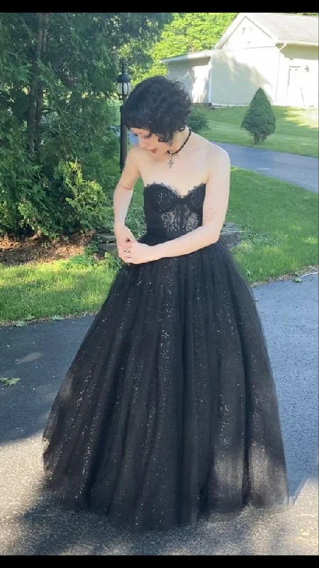 Glitter Black Sweetheart A-line Prom Dress,Black Evening Gown Y7356