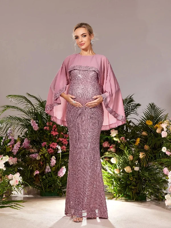 Maternity Round Neck Cape Sleeves Mermaid Hem Sequin Evening Dress