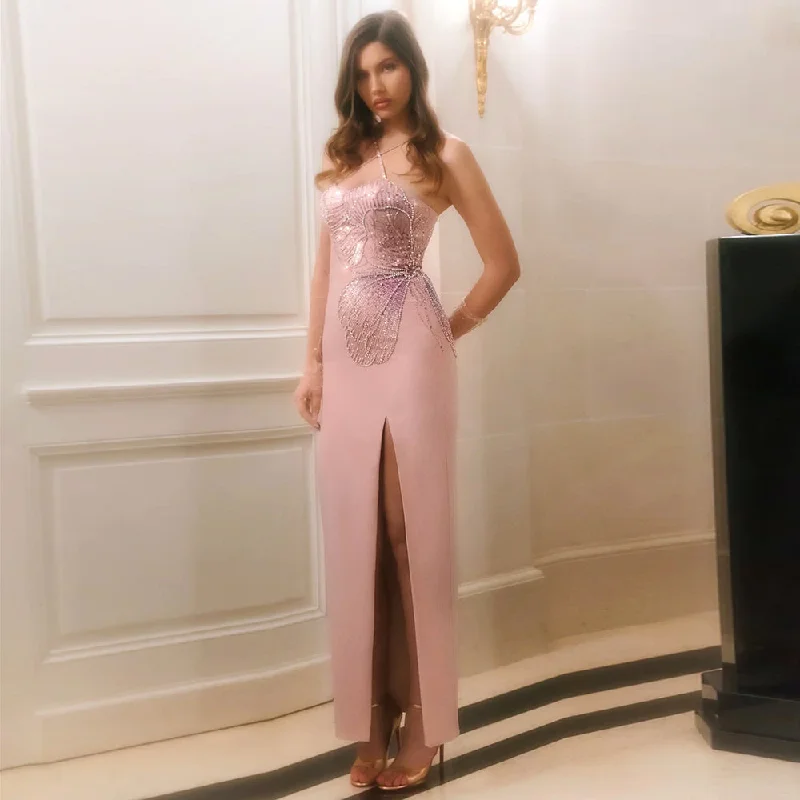 Luxury Pink Butterfly Beaded Evening Dress with Slit SS476