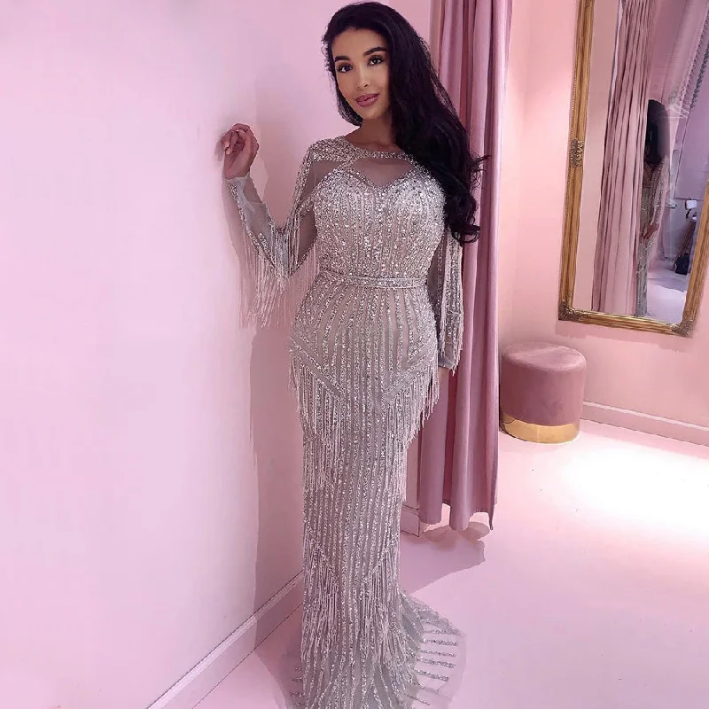 Luxury Tassel Silver Nude Long Sleeve Evening Dress SS214