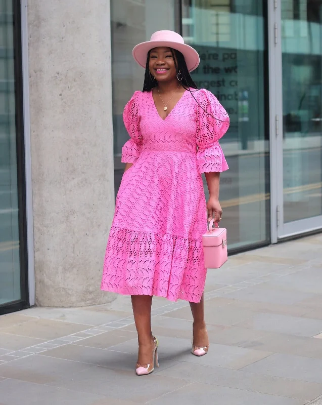 Pink Puff Sleeve Midi Summer Lace Dress - Amarachi