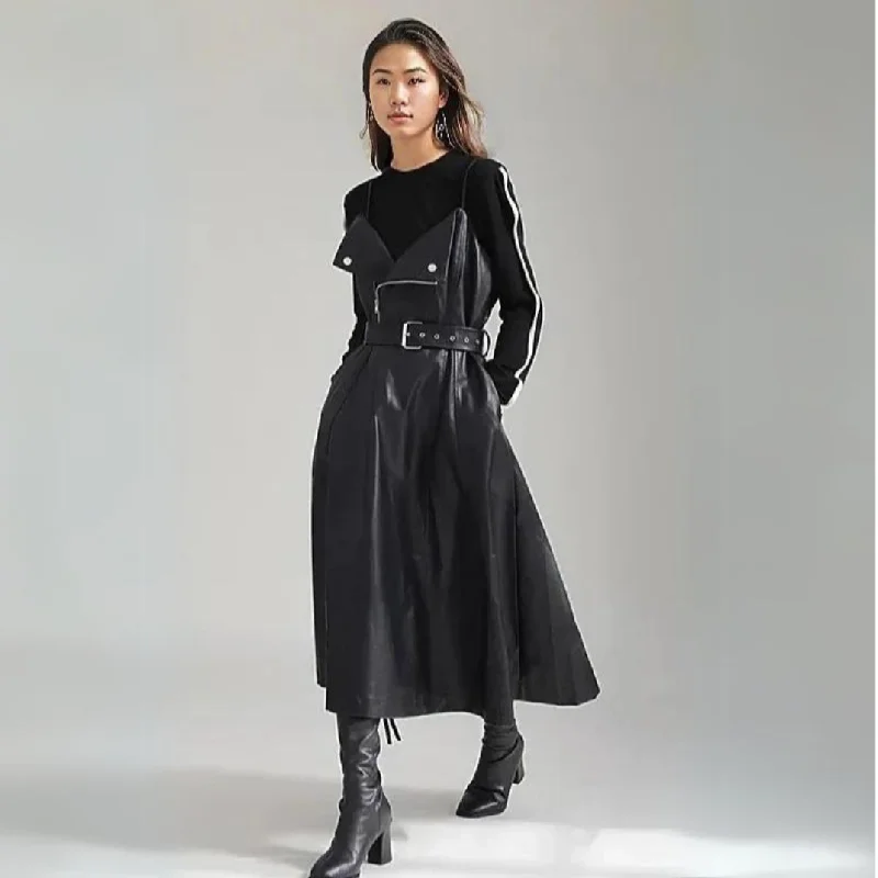 Casual Minimal Goth Vegan Leather Sarafan Style Dress