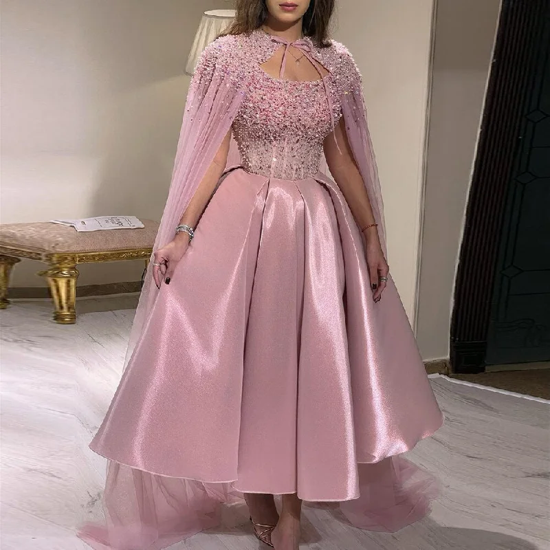 Luxury Blush Pink Ankle Length Evening Dress with Cape SS392