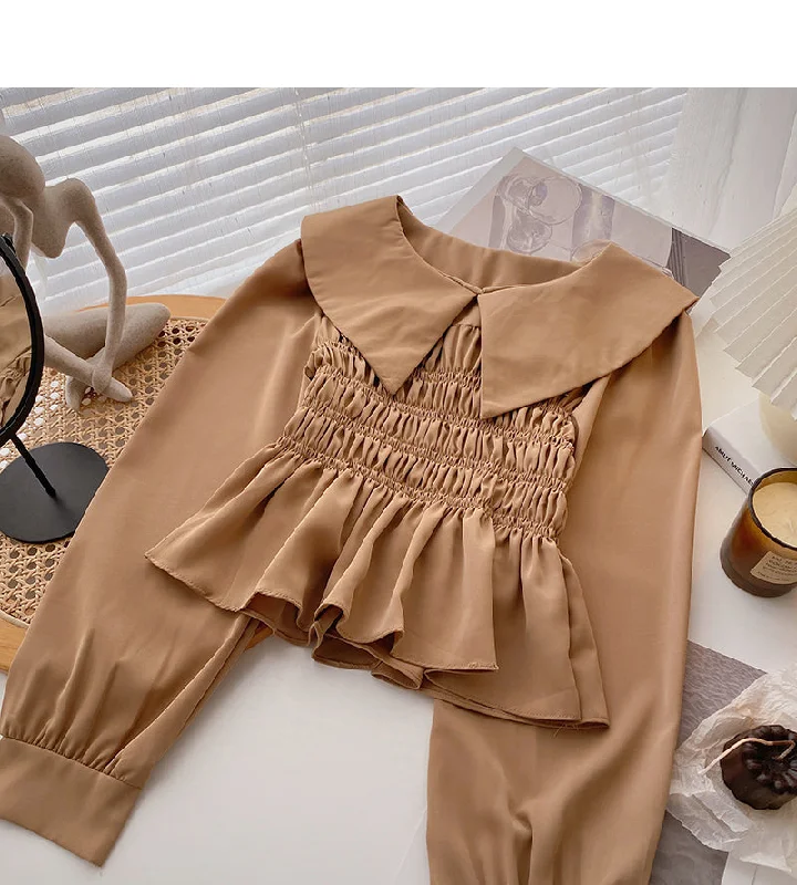 Baby collar design shirt Vintage French long sleeve top  6377 Thin T-Shirt Open Front Quick Dry