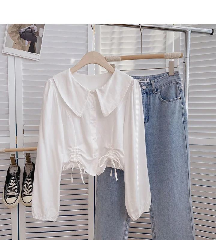 Baby collar single breasted shirt drawstring short slim top  6376 Anti-Pilling Machine Wash Handmade