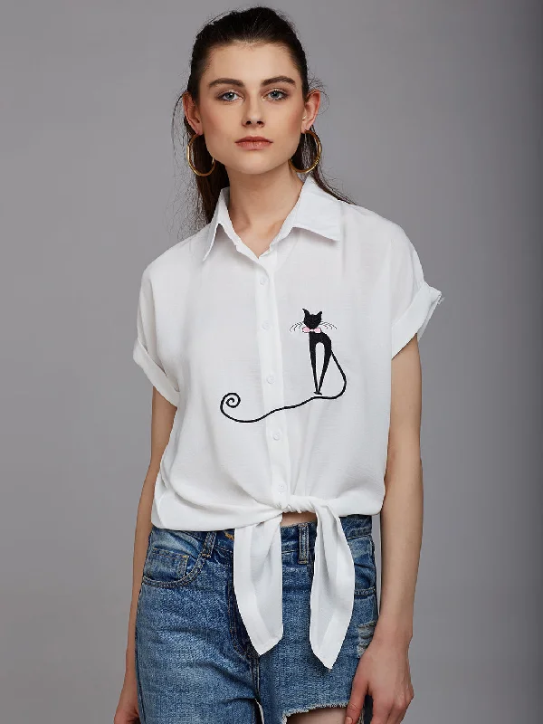 Berrylush Women Solid White Spread Collar Neck Cat Embroidered Waist Tie-Up Regular Shirt Mesh Blend Leather Blend Suede Blend