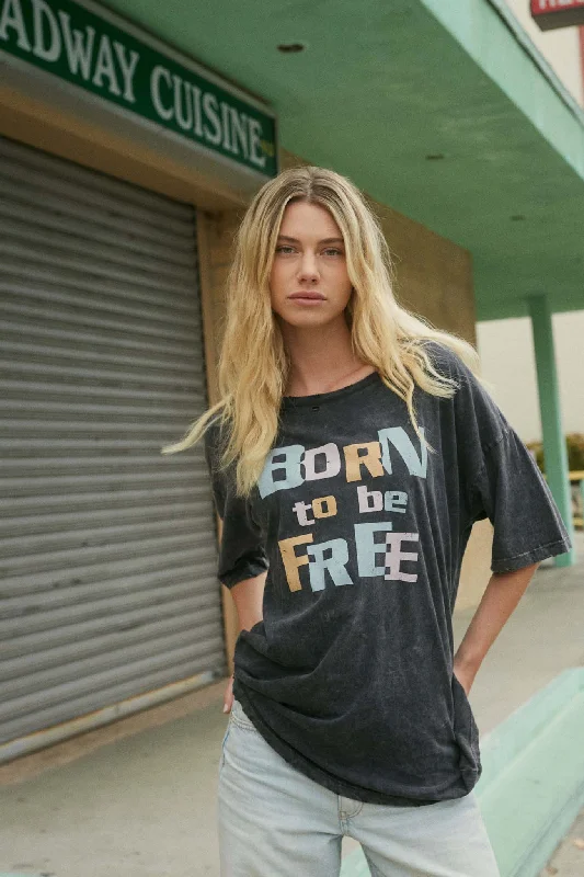Born to Be Free Distressed Graphic Tee Polka Dot Checkered Tartan