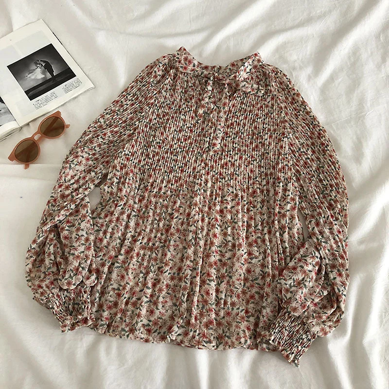 Bow tie tie round neck crimped floral doll shirt  6236 Plaid T-Shirt Polka Dot Checkered