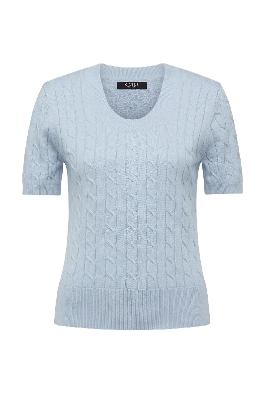 CABLE HERITAGE COTTON CABLE TEE - PALE BLUE Collared Crew Neck Turtle Neck