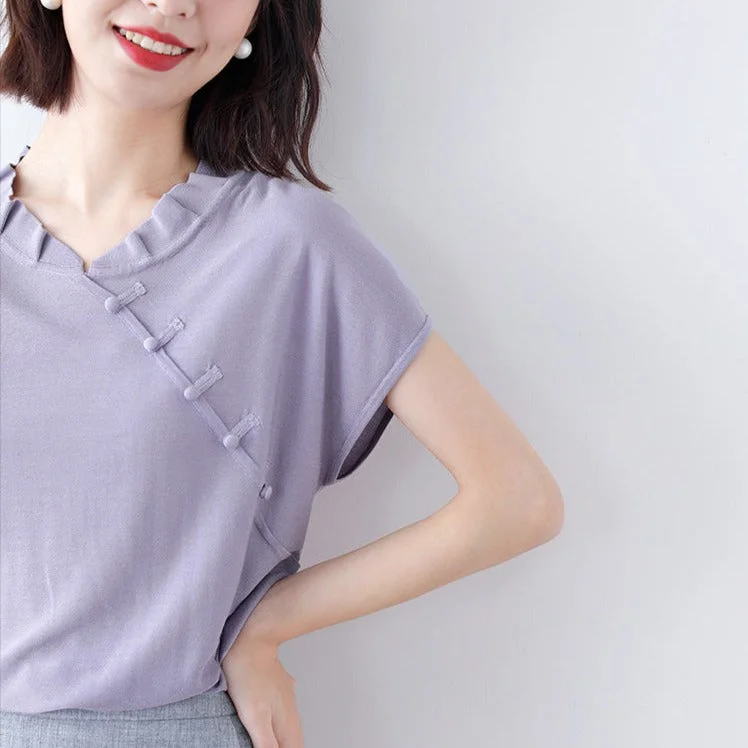 Cap Sleeve Cheongsam Top Chinese Style Casual Knit Shirt Front Pockets Side Pockets Patch Pockets