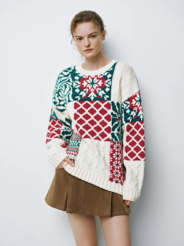 Christmas Theme Cable Knitted T-Shirts Print Jacquard Patchwork