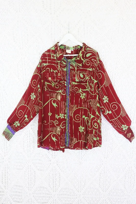 Clyde Shirt - Burgundy & Pistachio Geometric Floral - Vintage Indian Sari - XXL Notch Collar Peter Pan Collar Cowl Neck