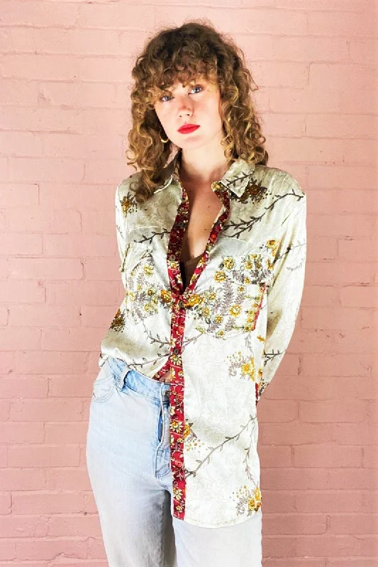 Clyde Shirt - Ivory, Ruby & Amber Blossom - Vintage Indian Sari - XS Welt Pockets Slit Pockets