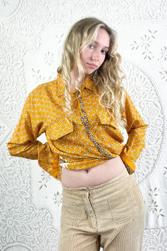 Clyde Shirt - White & Mustard Yellow Motif - Vintage Indian Sari - S/M Terry Blend Velvet Blend Canvas Blend