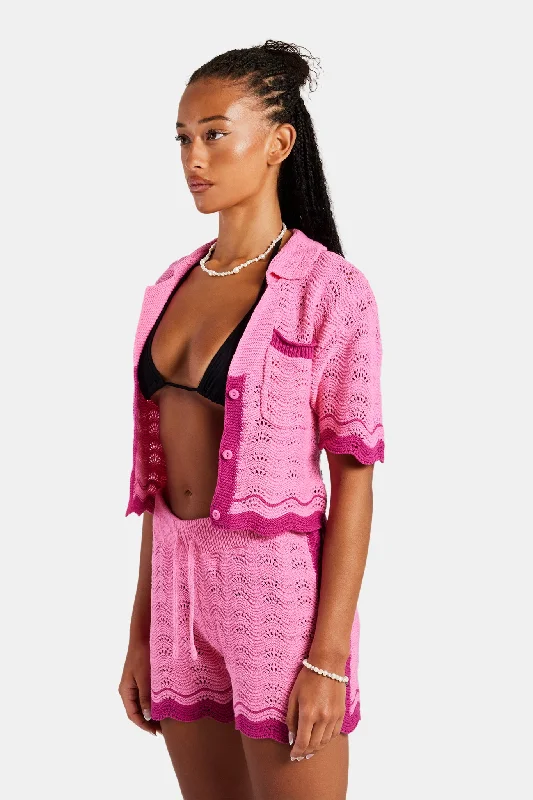 Contrast Crochet Knitted Shirt - Pink Spandex Blend Rayon Blend Denim Blend