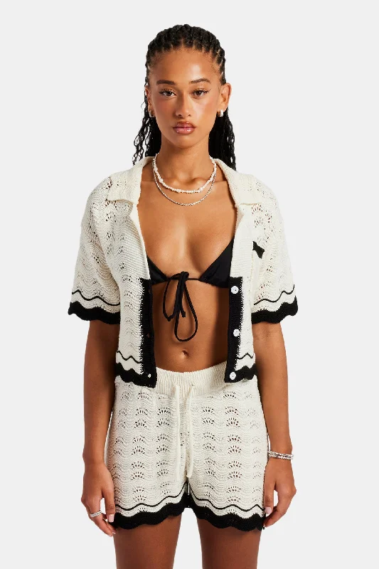 Contrast Crochet Knitted Shirt  & Short Set - Off White Sequined Glittery Shiny