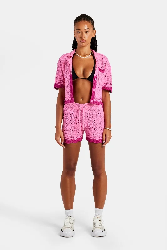 Contrast Crochet Knitted Shirt & Short Set - Pink Solid Print Embellished