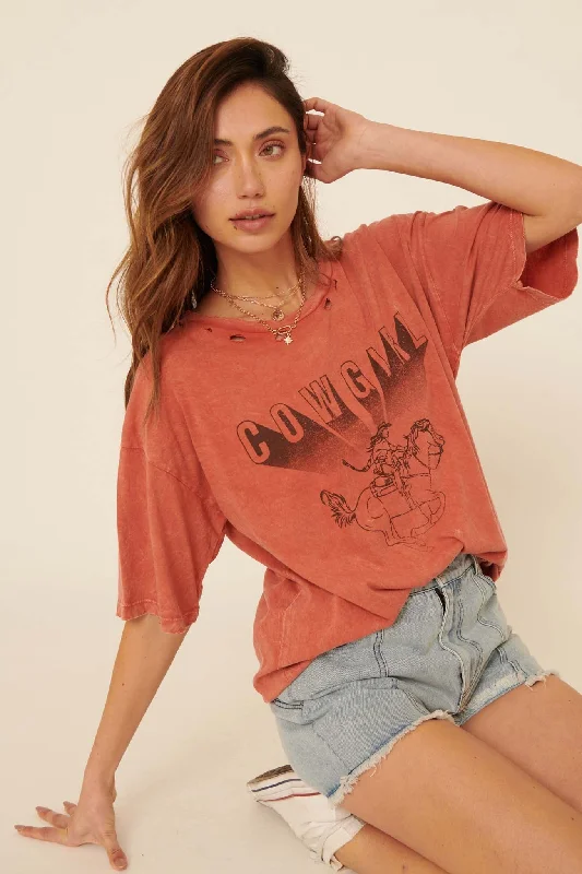 Cowgirl Distressed Oversize Graphic Tee V-Neck T-Shirt Long Sleeve Cotton