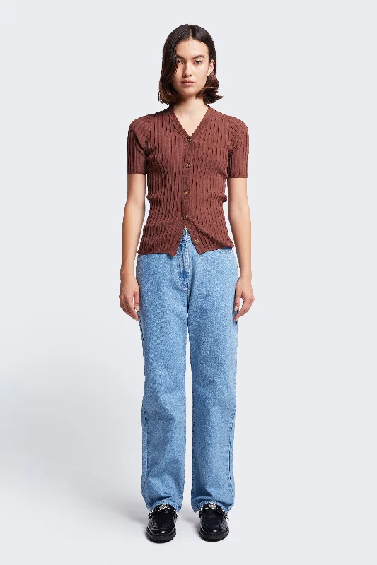 Delay Short Sleeve Knit Shirt Cocoa Houndstooth Herringbone Solid