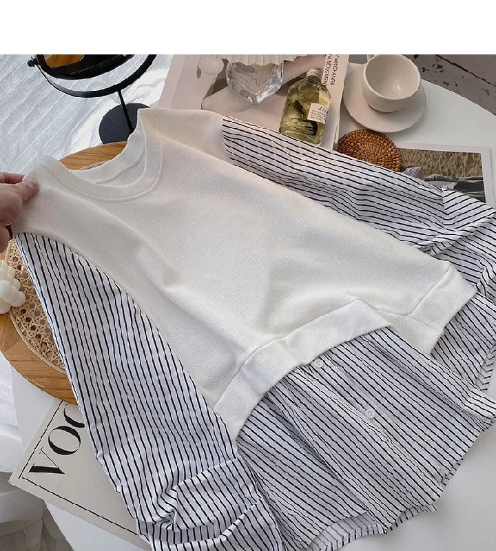 Design sense stripe stitching fake two shirts 6281 Denim Fabric Leather Fabric Suede Fabric Design sense stripe stitching fake two shirts 6281 Denim Fabric Leather Fabric Suede Fabric