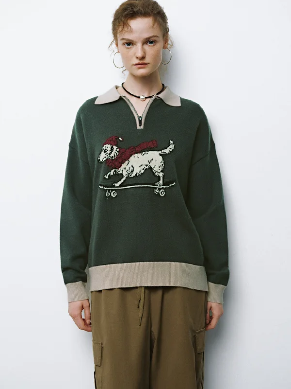 Dog Pattern Knitted T-Shirts Welt Pockets Slit Pockets Flap Pockets