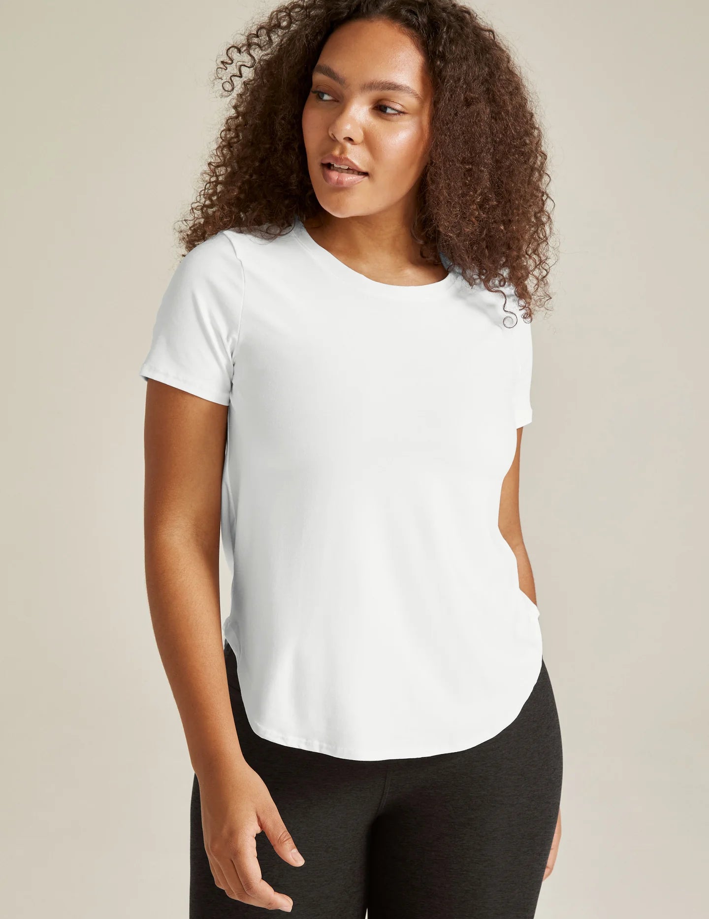 Beyond Yoga Featherweight On The Down Low Tee in Cloud White Nylon Fabric Polyester Fabric Spandex Fabric