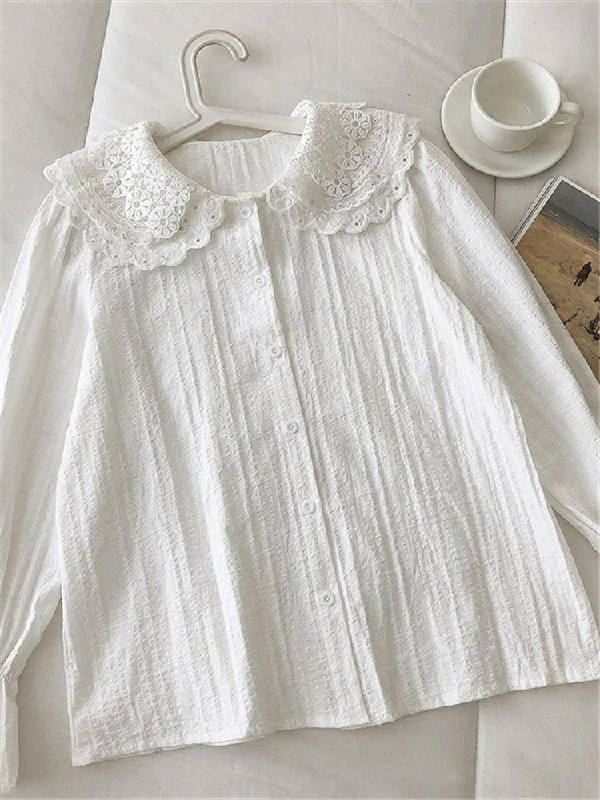 Female Crocheted hollow out baby collar breasted cotton linen shirt  6250 Terry Blend Velvet Blend Canvas Blend