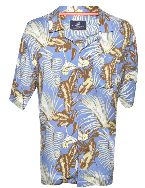 Foliage Light Blue & Brown Classic Hawaiian Shirt - L Hooded Caped Shawl Collar