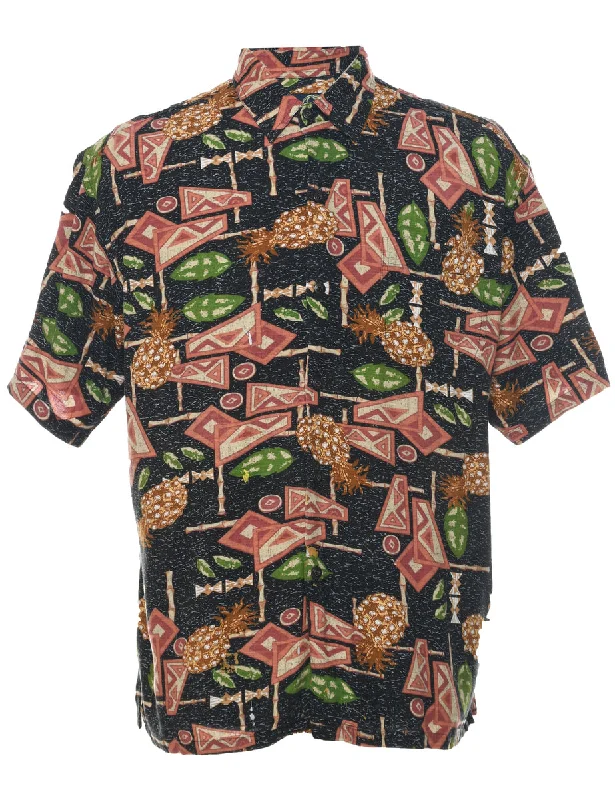 Fruit Print Hawaiian Shirt - L V-Neck T-Shirt Long Sleeve Cotton