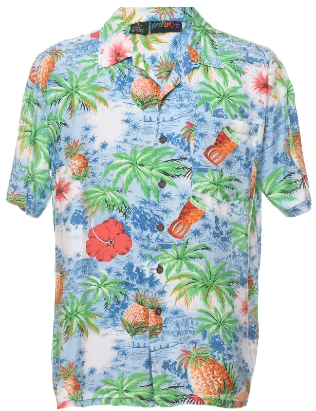 Fruit Print  Hawaiian Shirt - M Front Pockets Side Pockets Patch Pockets